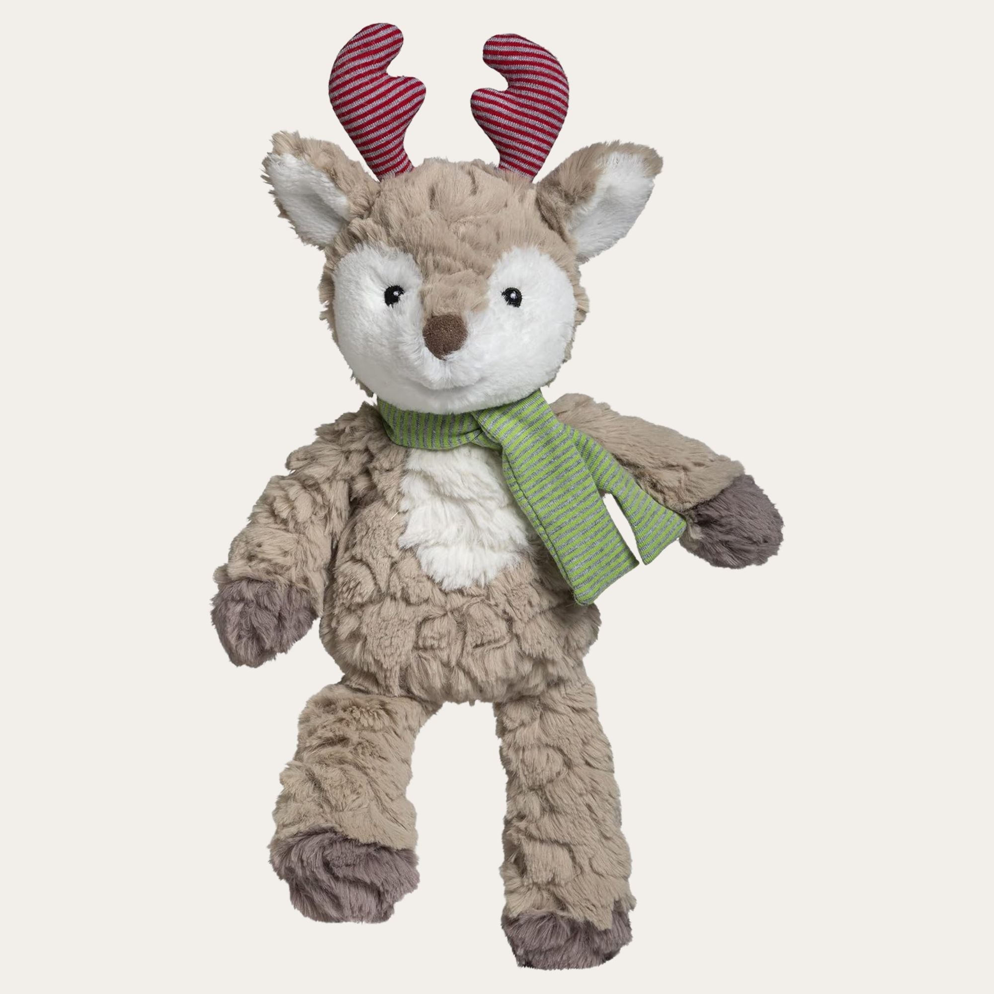 Soft plush reindeer cuddly toy with red stripy antlers and a green striped scarf.