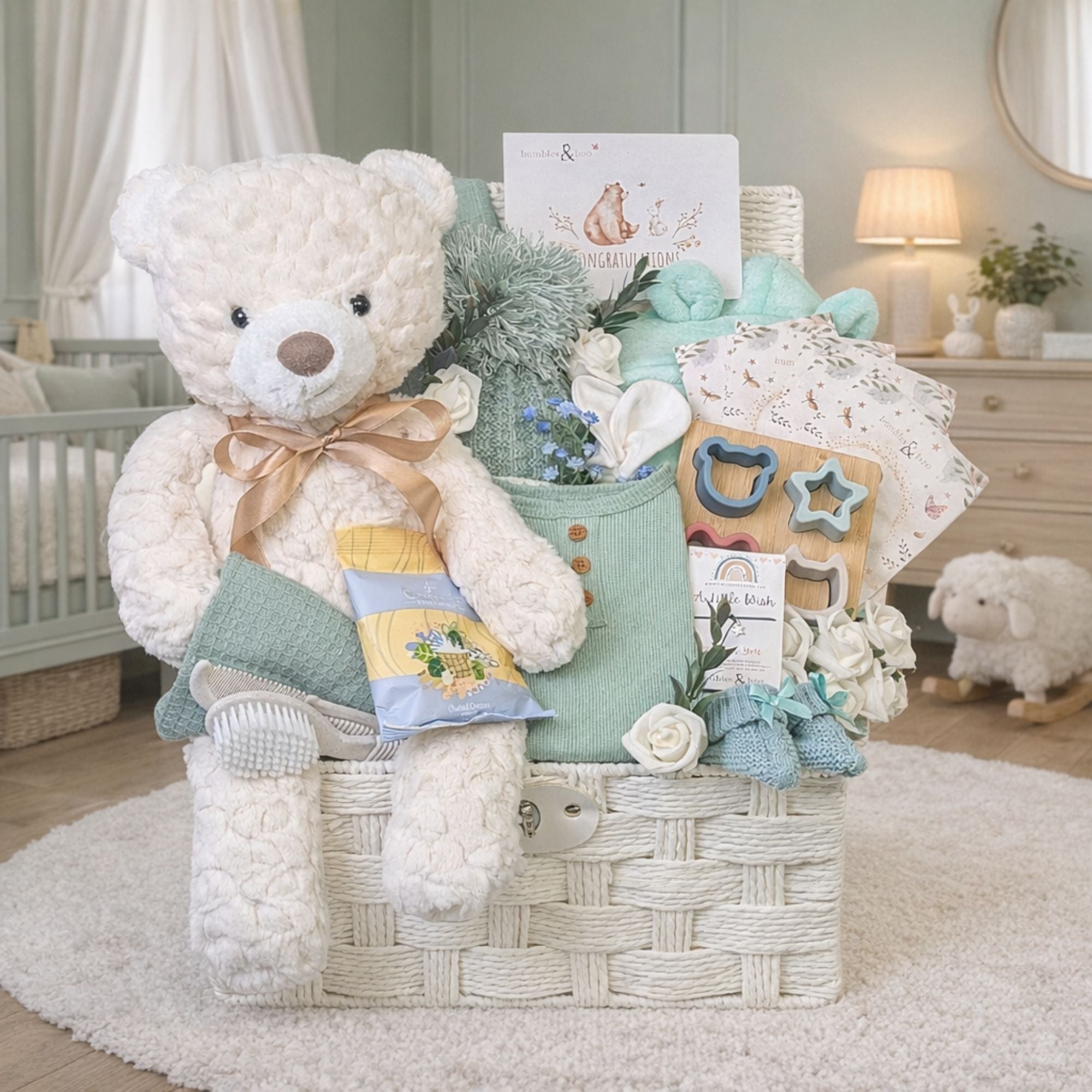 Baby gifts basket with teddy bear, knitted items, and toys in a rope hamper basket.