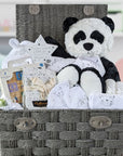 large baby hamper with panda bear, baby bath robe, clothing set and peter rabbit baby blocks.