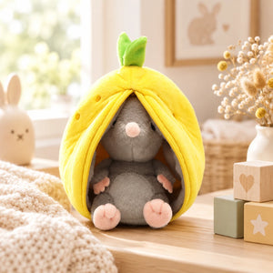 Front view of the mouse sitting inside the partly opened lemon, showing its pink nose and paws.