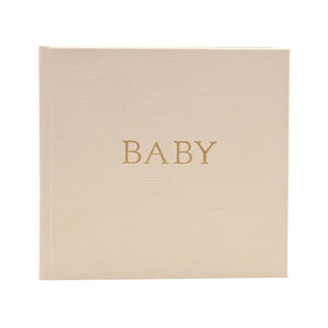 Front cover of linen baby photo album with gold BABY lettering