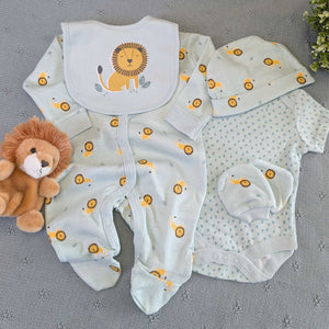 Lion baby clothing gift set in yellow and blue.