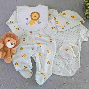 Lion baby clothing gift set in yellow and blue.