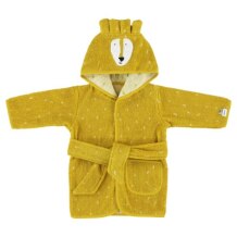 Soft organic cotton toweling dressing gown bath robe in mustard yellow with a lion face on the hood with ears