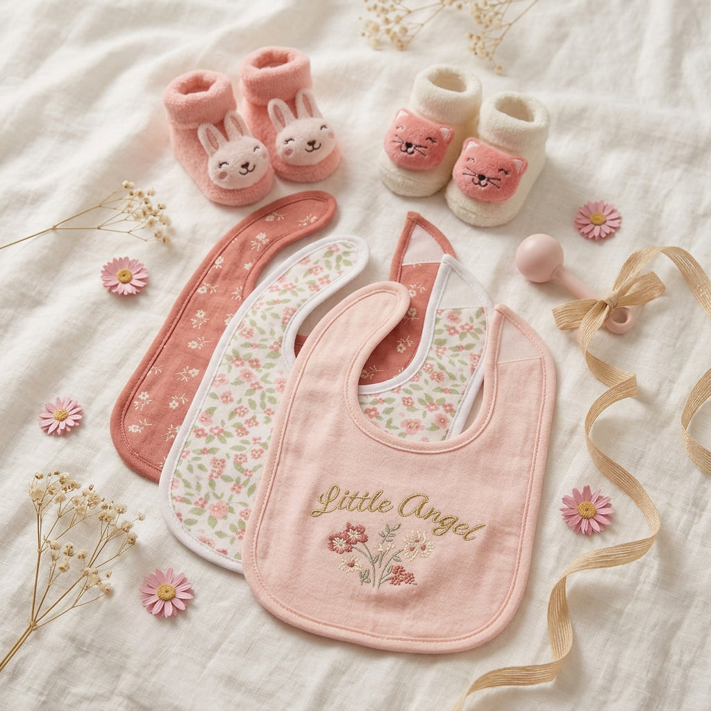 Three pink floral baby bibs, including Little Angel embroidery, with bunny and cat socks on cream fabric.