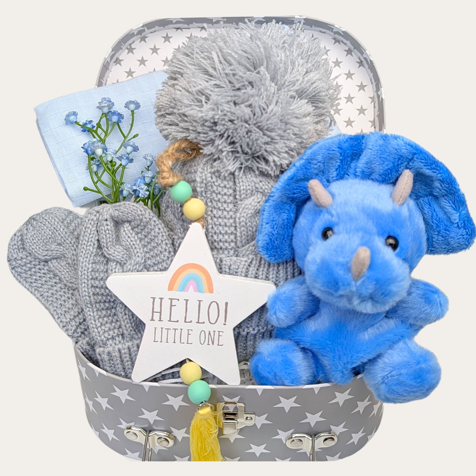 Little baby boy gifts hamper with eco-friendly blue soft toy dinosaur by Bumbles and Boo.