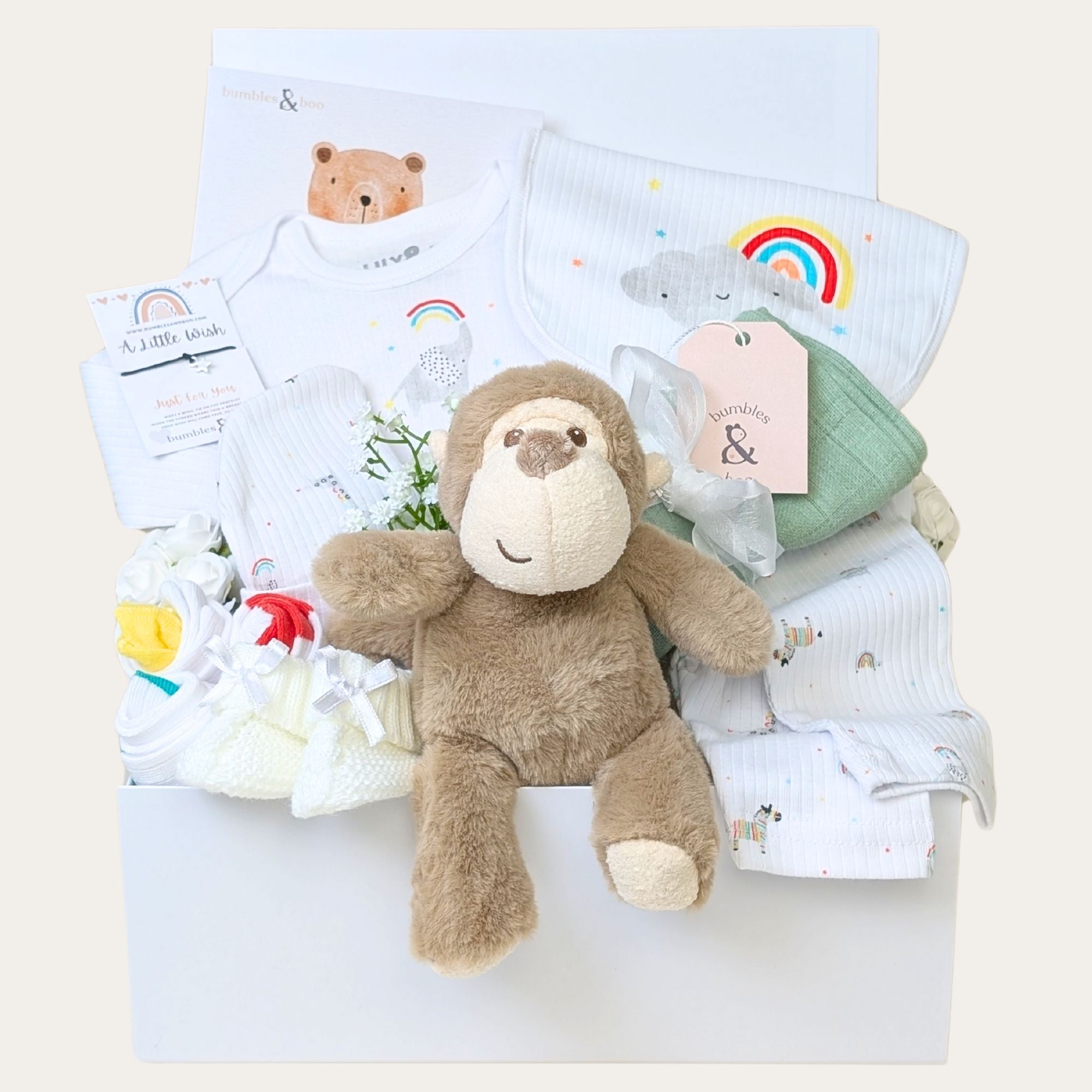 New baby hamper gift set in a box by Bumbles and Boo. Gifts include white baby clothes and a present for mum.