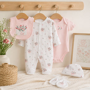 Baby clothing set with floral patterns and says 'little love' on the bib in embroidery