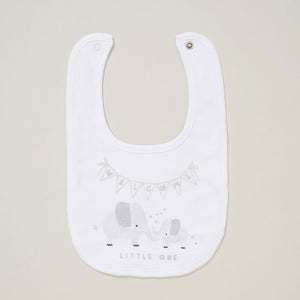 White baby bib with grey elephant and Welcome Little One slogan