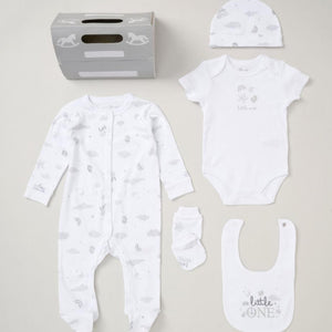 Unisex white baby clothing gift set with rainbow print and the wording 'little one' on the bib