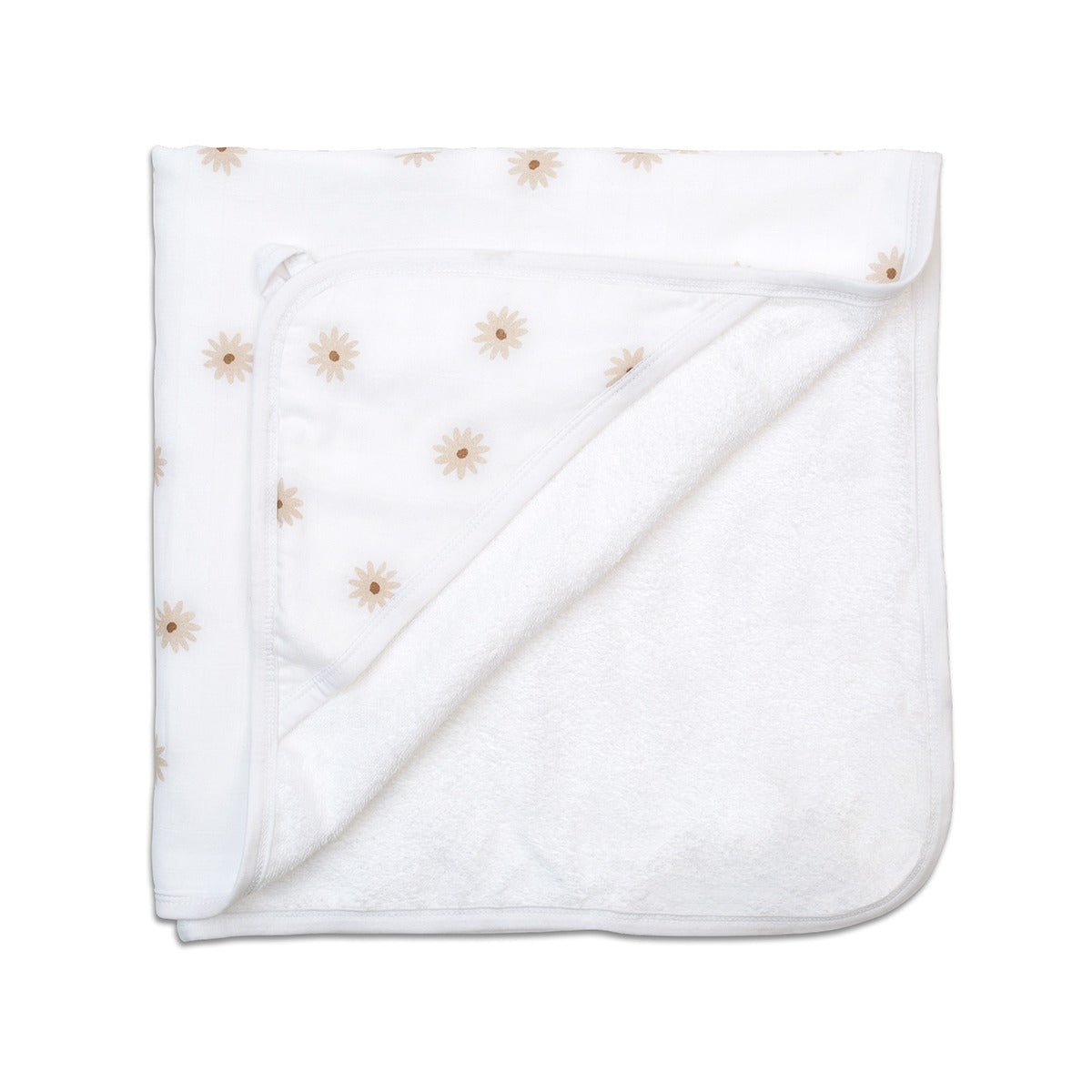 White hooded baby towel with a beige flower design