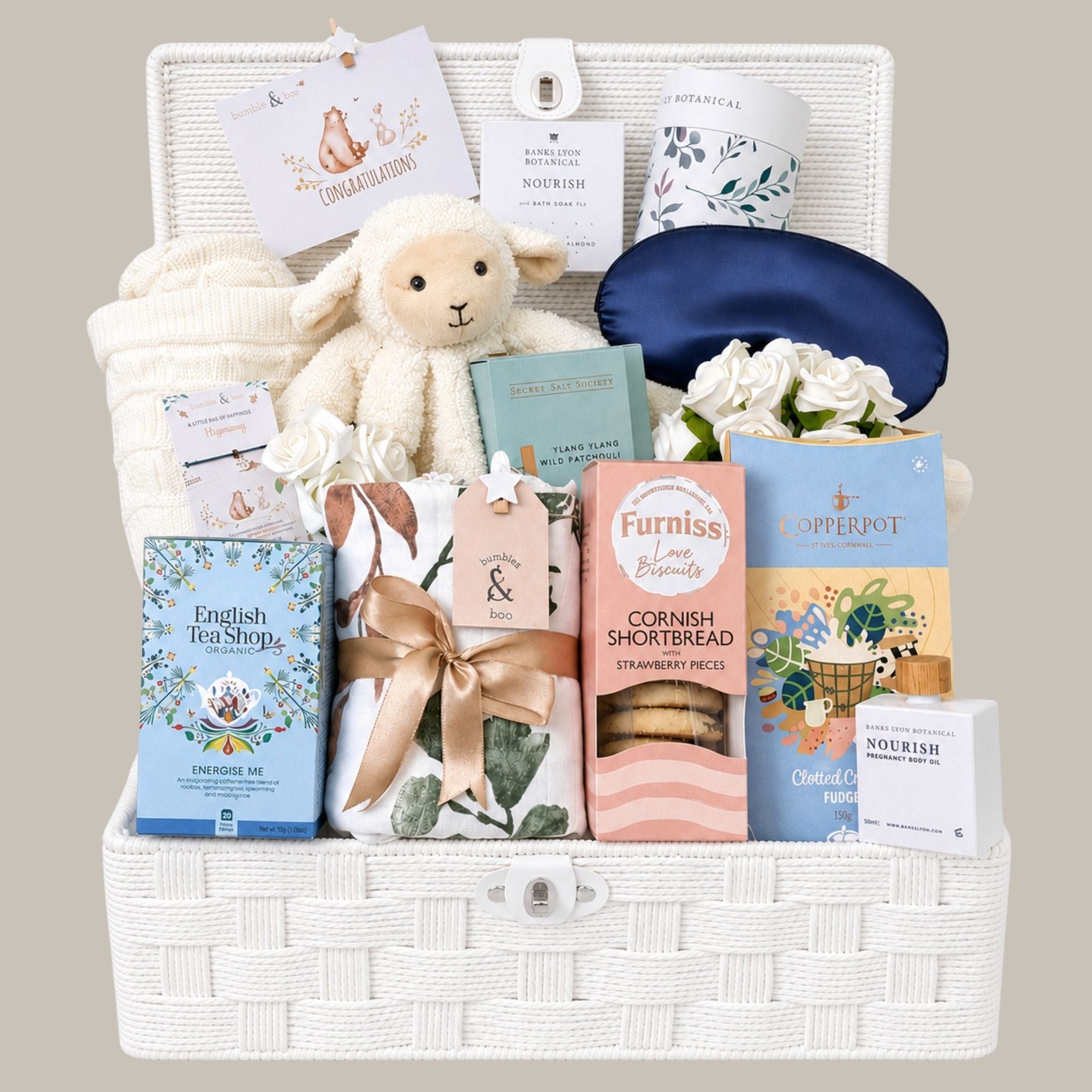 Large mum to be gifts hamper packed with presents including white lamb soft toy, marvellous mum bracelet and sweet treats in a wicker basket by Bumbles and Boo