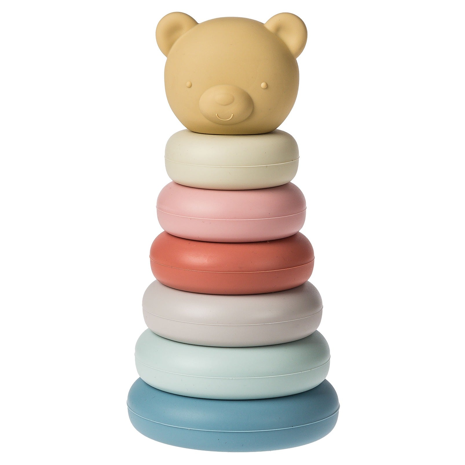 6 multi-coloured stacking rings with a yellow bear topper.