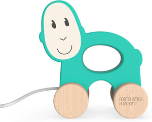 Teal Monkey' Pull Along Toy - Matchstick Monkey Wooden Toy.