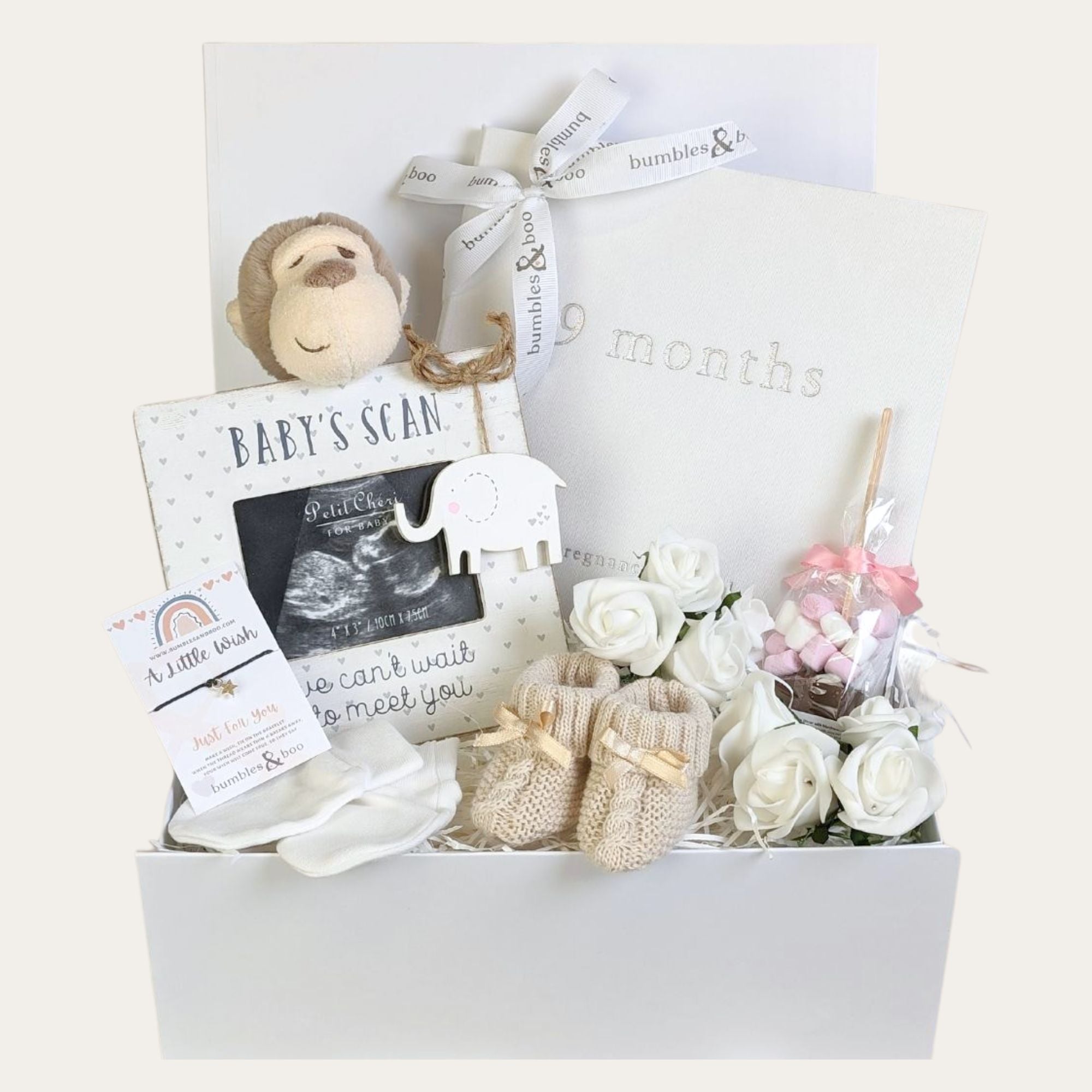 Mum to be maternity hamper gifts box with pregnancy journal, scan frame and monkey theme.