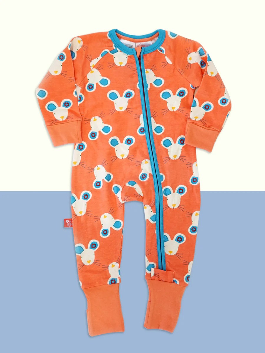 Orange baby romper with a mouse pattern and blue accents