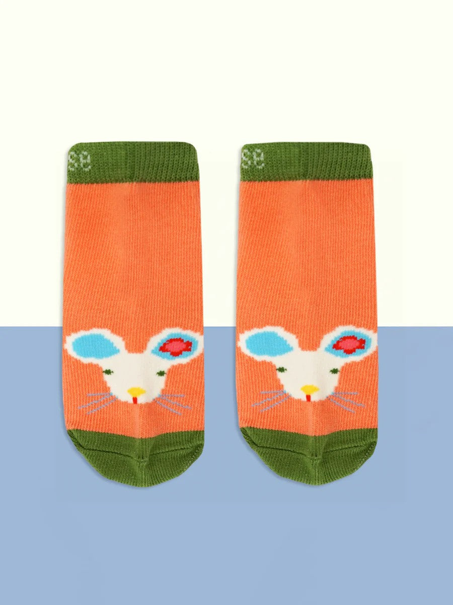 Orange socks with green accents and a mouse design