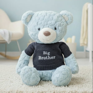 Personalised teddy bear in pale blue with a dark blue jumper with custom embroidery