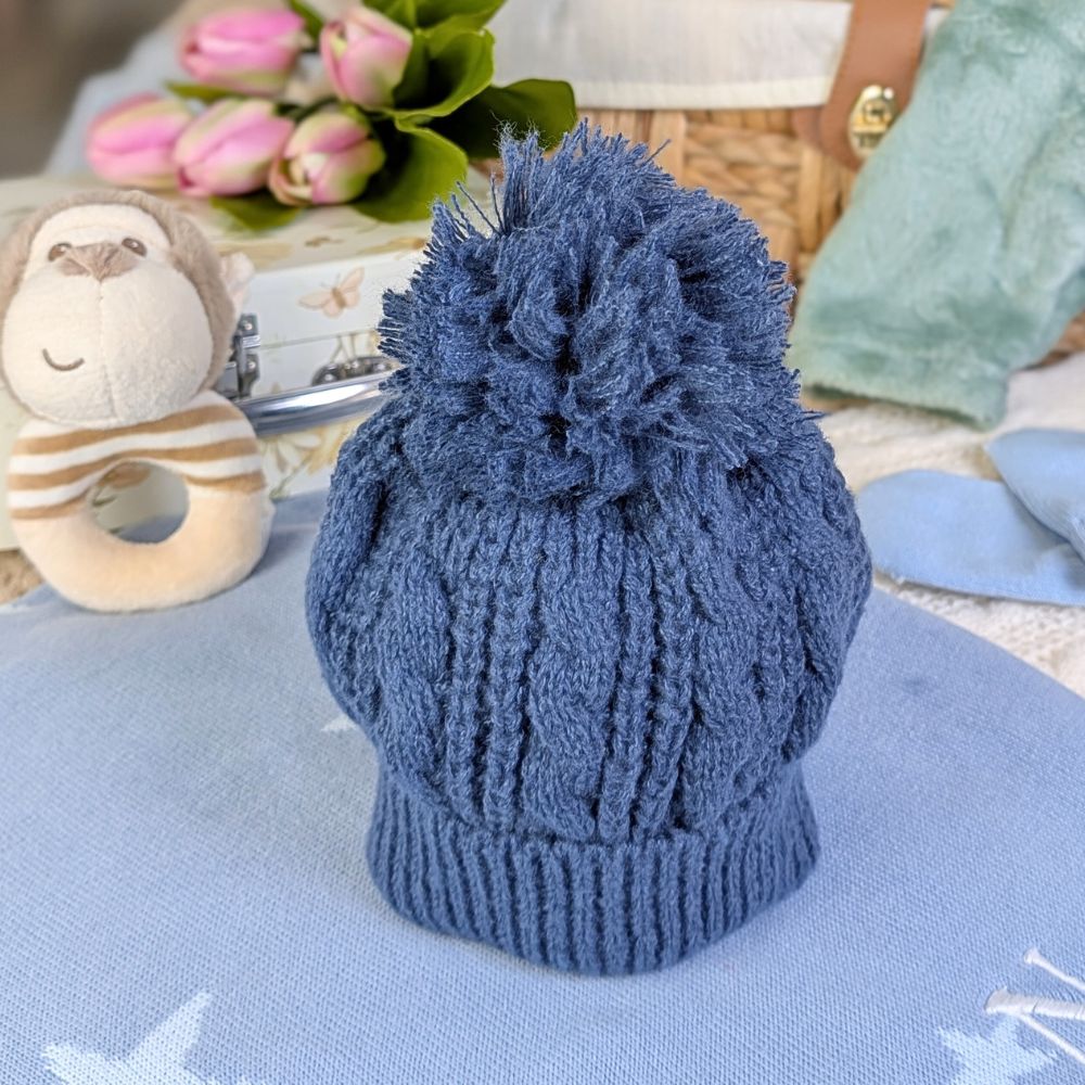 Steel Blue Pearl Cable Knit Baby Hat with Pom Pom – Newborn to