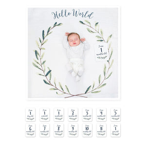 Large Cotton Swaddle and Milestone Cards 'Hello World' Baby Swaddle.