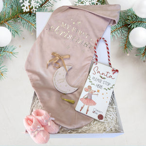 baby girl hamper gift with stocking, plaque, baby booties and santa please stop here sign. Bumbles and Boo.