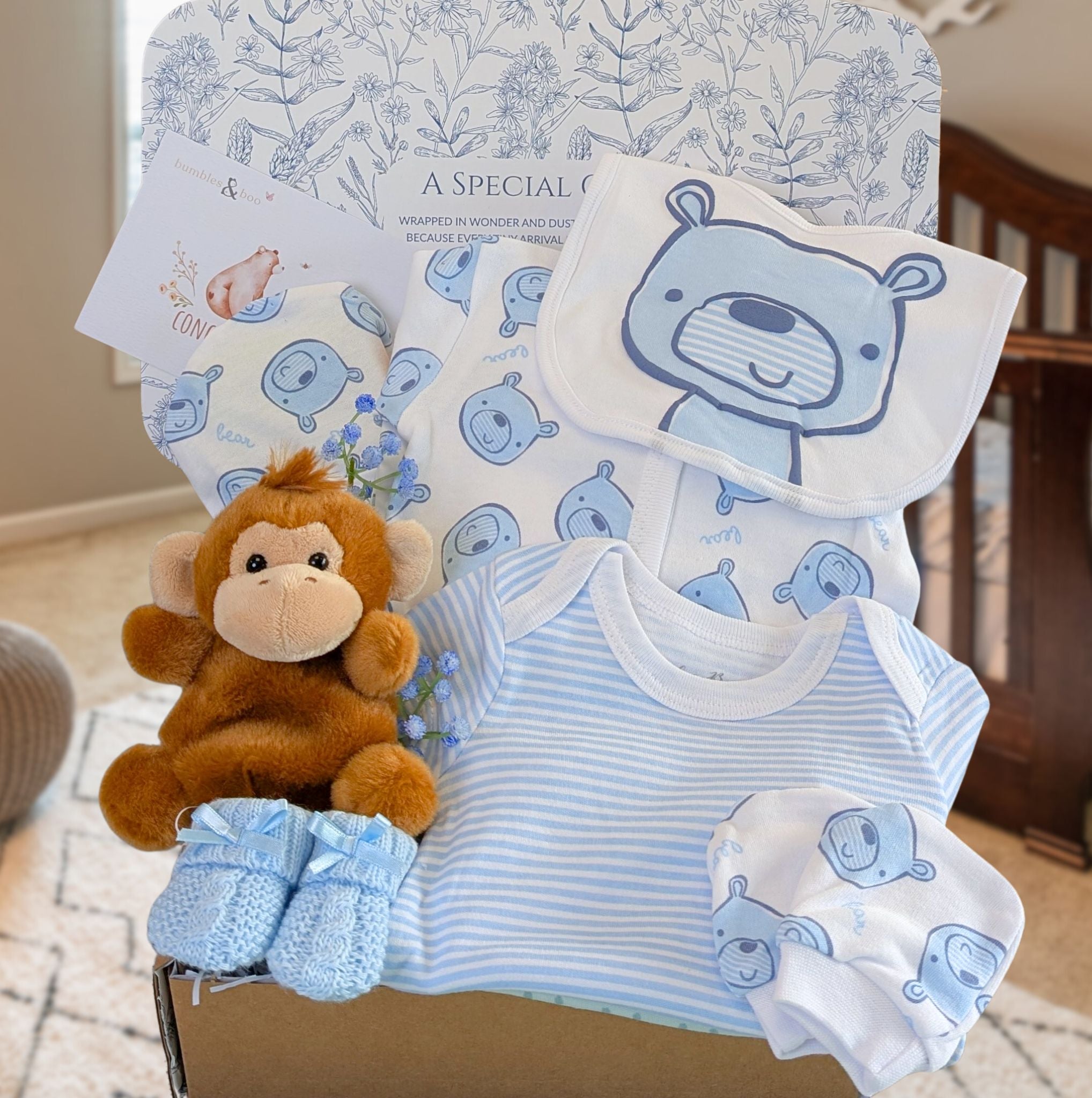 Gift box for a new baby boy with bear clothing and monkey soft toy.
