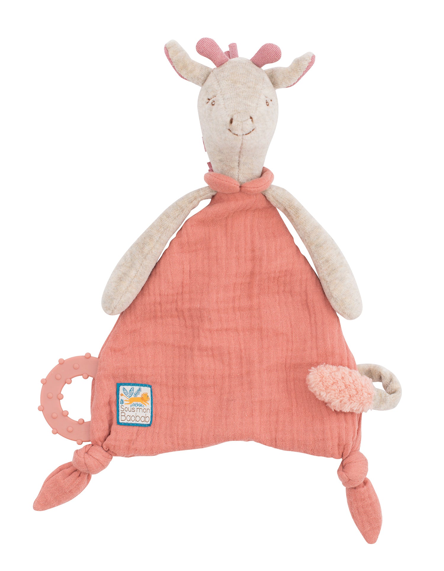 Cute pink giraffe comforter with a dummy pacifier holder.  Suitable from birth and presented in a gift box