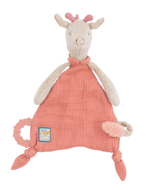 Cute pink giraffe comforter with a dummy pacifier holder. Suitable from birth and presented in a gift box
