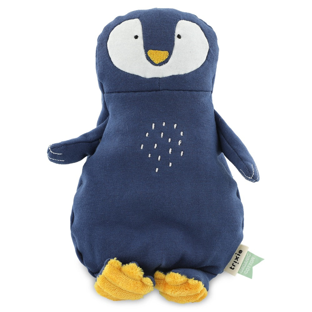 Navy blue penguin soft toy with white and yellow accents