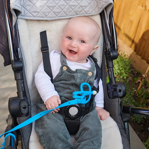 Blue baby strap holder for strollers and highchairs