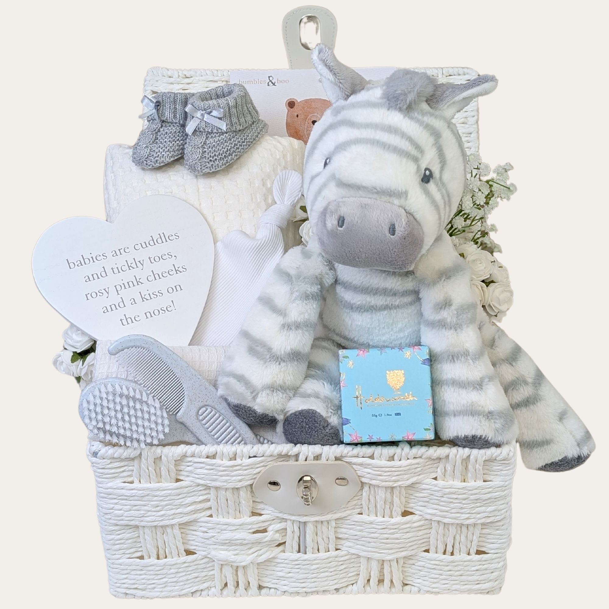 Mum to be gift basket with zebra soft toy and chocolates for mum. Bumbles and Boo.