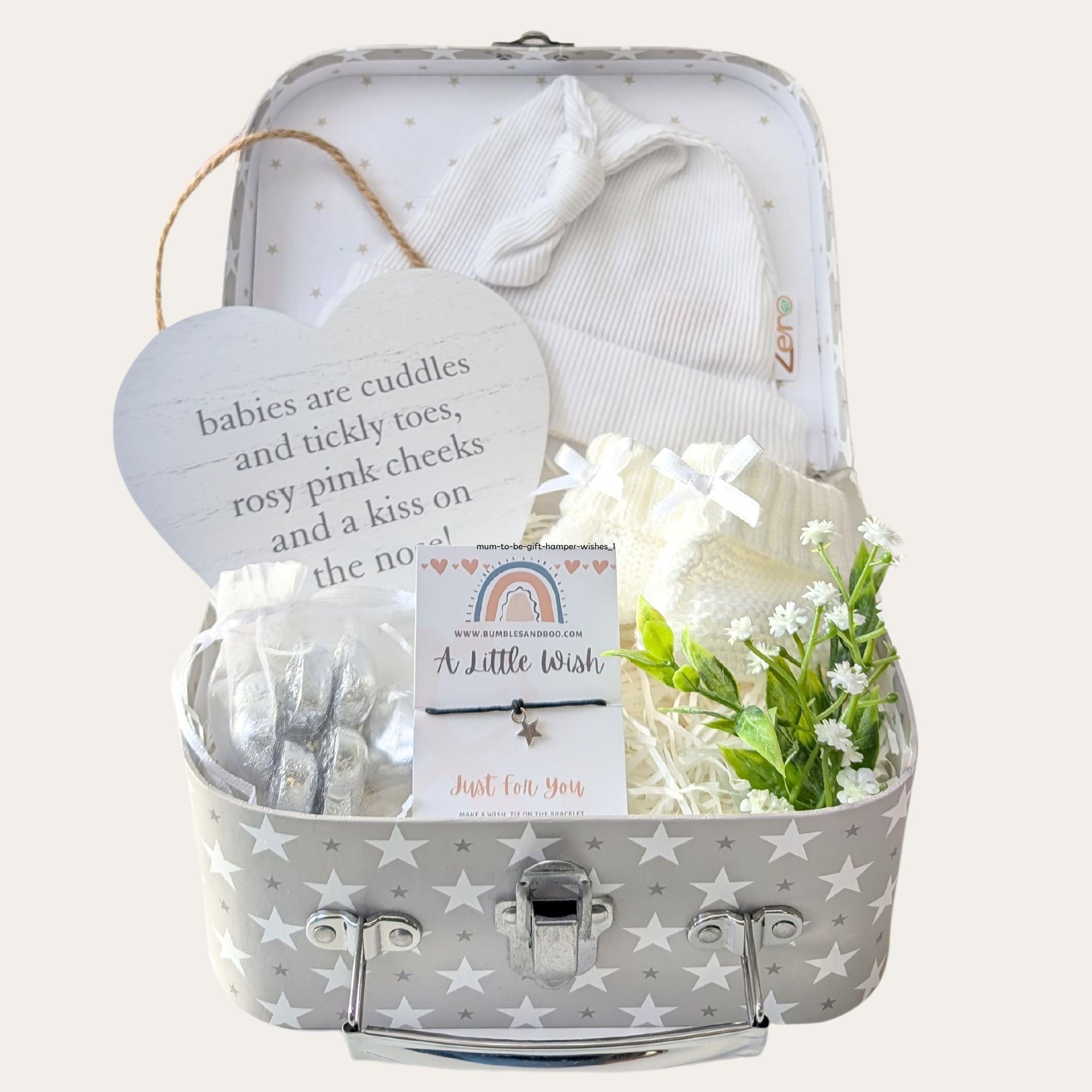 Pregnancy gifts hamper with presents for mum to be by Bumbles and Boo.