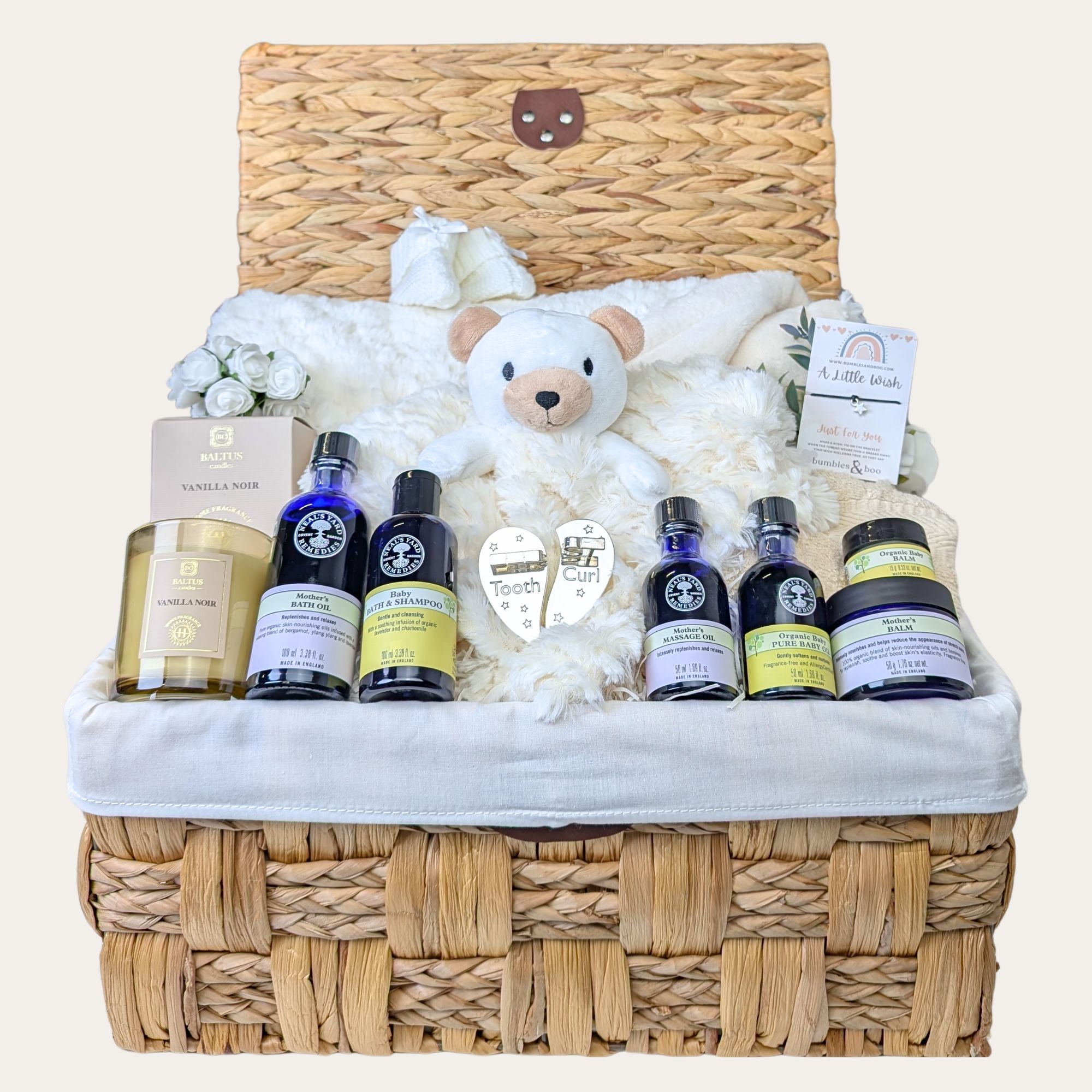 Mum to be gifts hamper basket with organic neal's yard remedies, blanket, teddy comforter and candle. Bumbles and Boo.