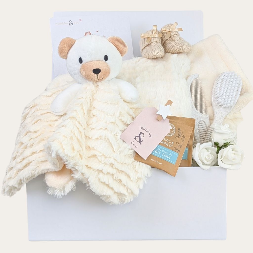 Mum to be gift box with cream bear comforter and matching blanket. Bumbles and Boo