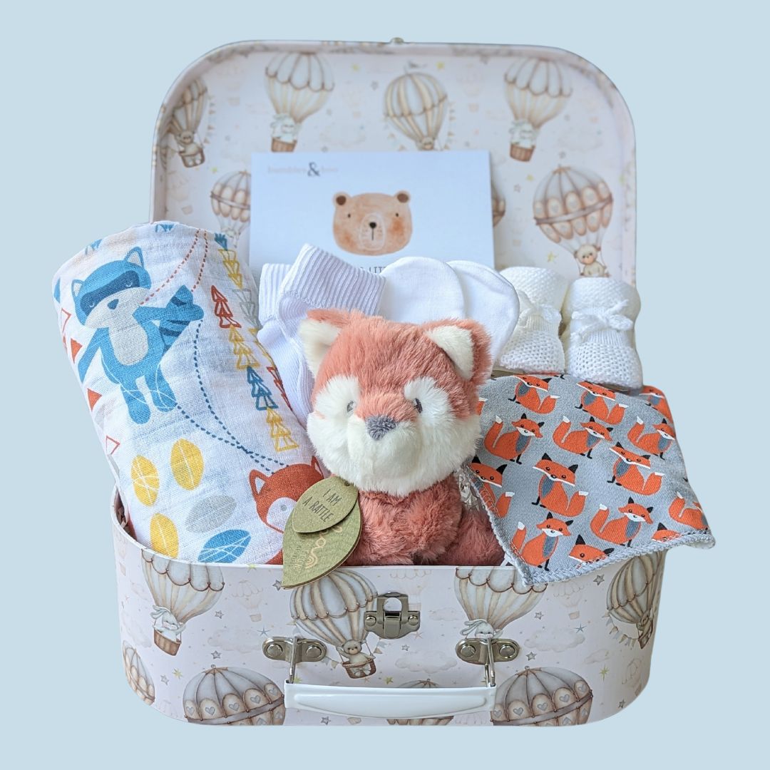 mum to be gift trunk with fox theme. Eco friendly fox cub toy.