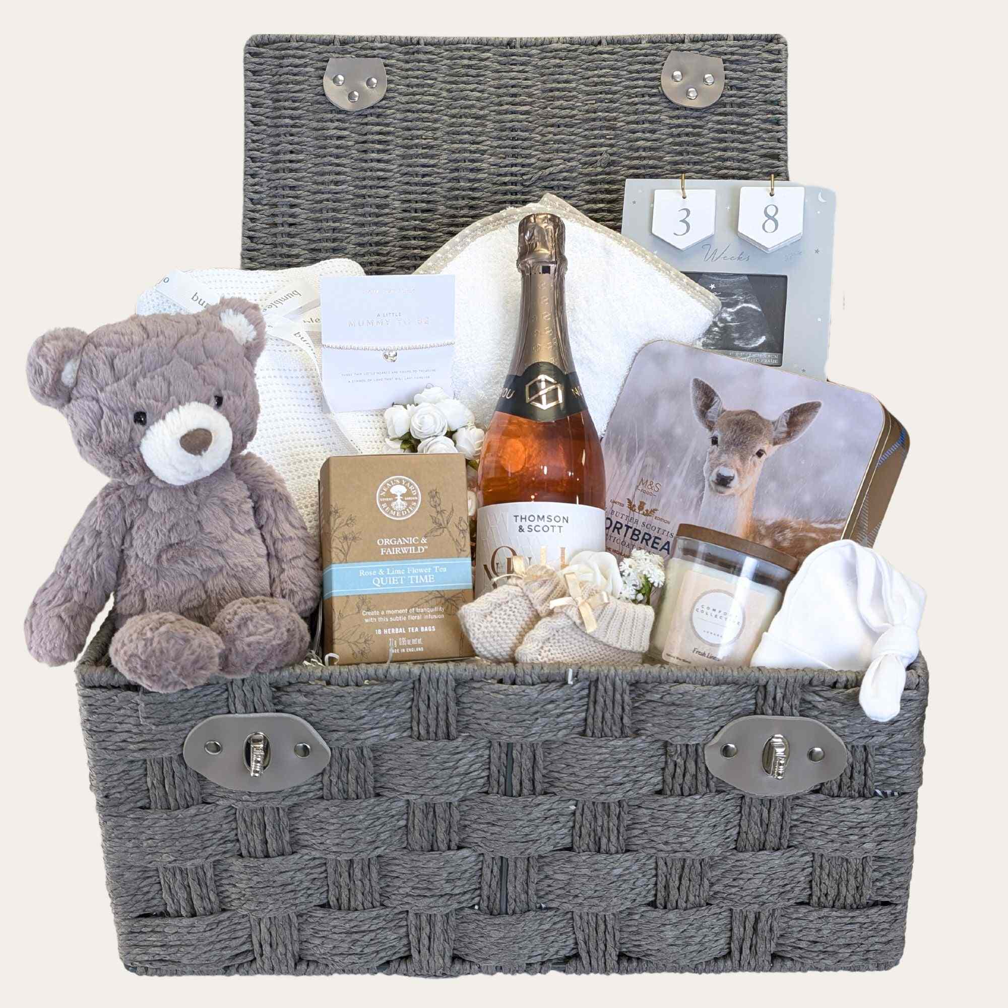 Mum to be gifts hamper basket with presents for mummy and baby by Bumbles and Boo.