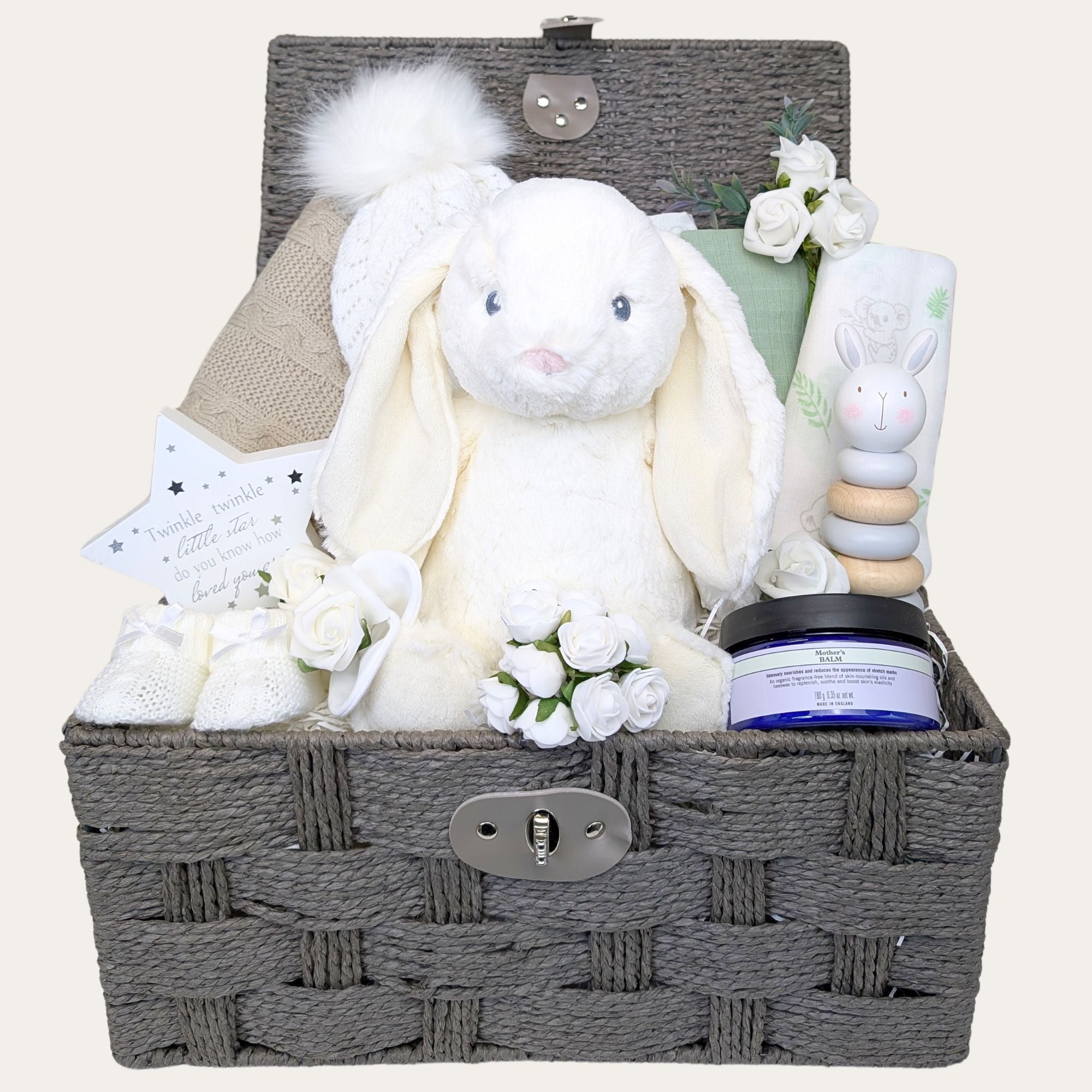 Mum to be gifts hamper basket with white bunny soft toy and organic skincare for mum. Bumbles and Boo.