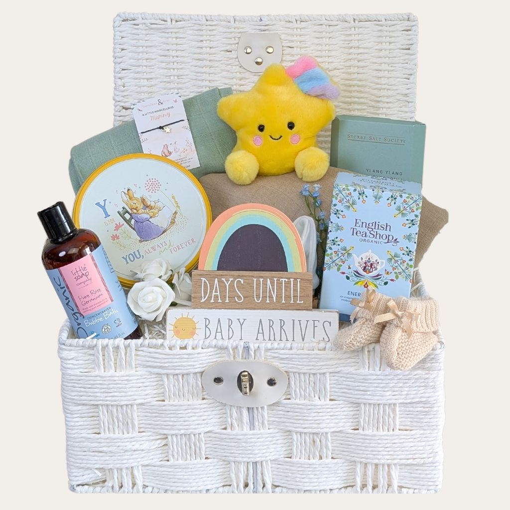 Mum to be gifts hamper basket with biscuits and relaxation presents. Bumbles and Boo.