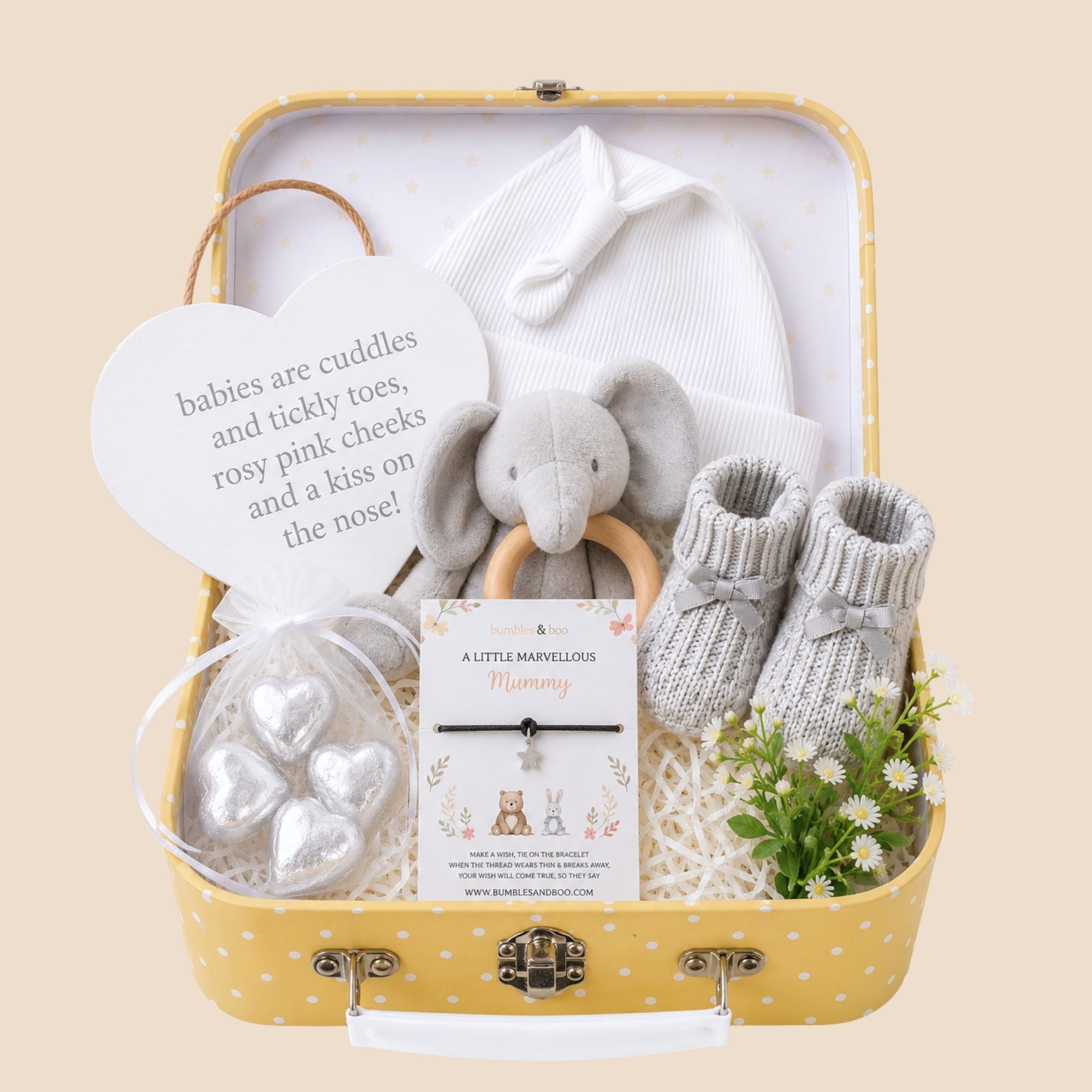 Pregnancy gifts hamper with presents for mum to be by Bumbles and Boo.
