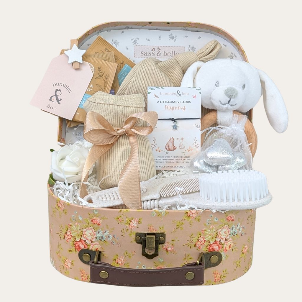 Sweet Floral Gift Hamper Box for Mum to Be with gifts, presents and baby essentials. Bumbles and Boo.