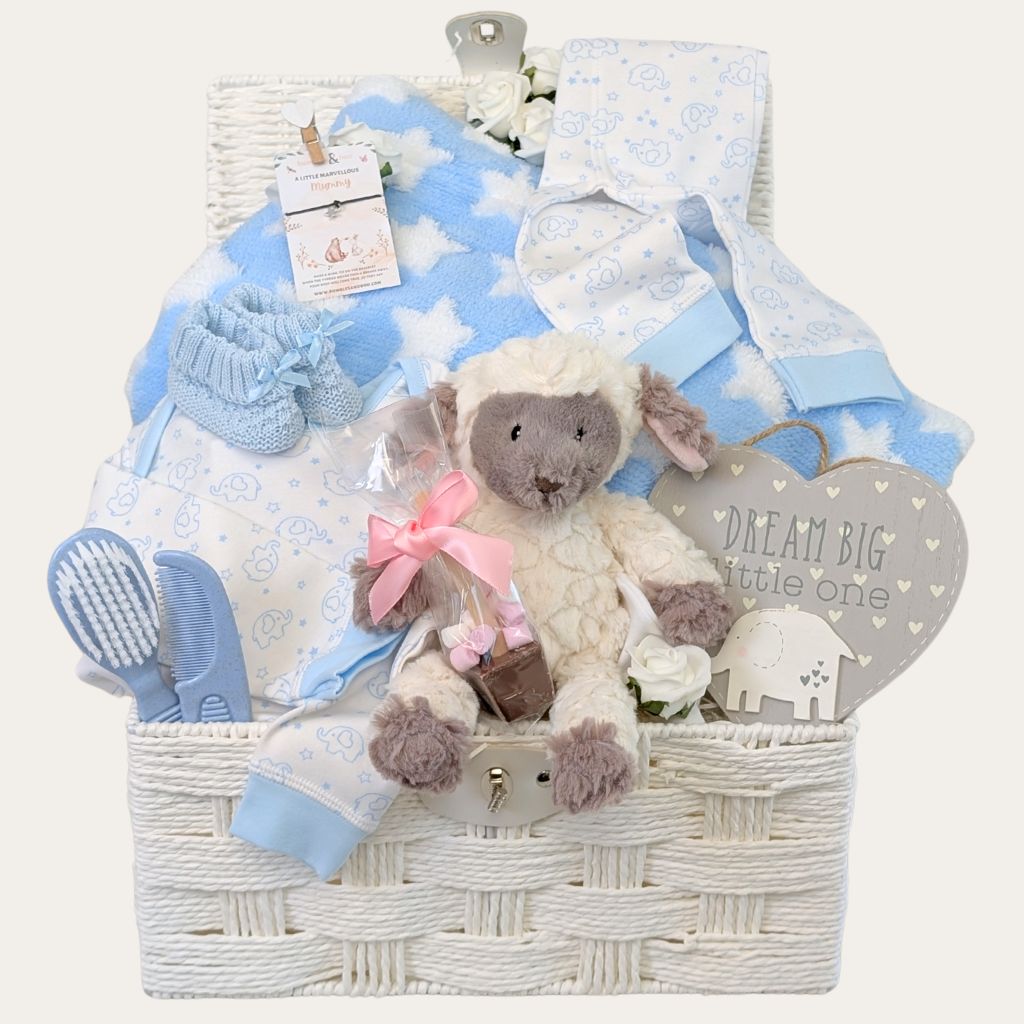 Mum to be gifts hamper basket with adorable blue and white presents and gifts including a soft plush lamb toy for mum and baby. Bumbles and Boo.