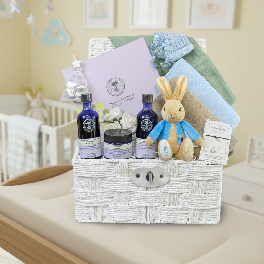 Luxury Mum to be gifts hamper filled with pampering presents including organic Neals Yard Mothers Skincare Collection. Bumbles and Boo.