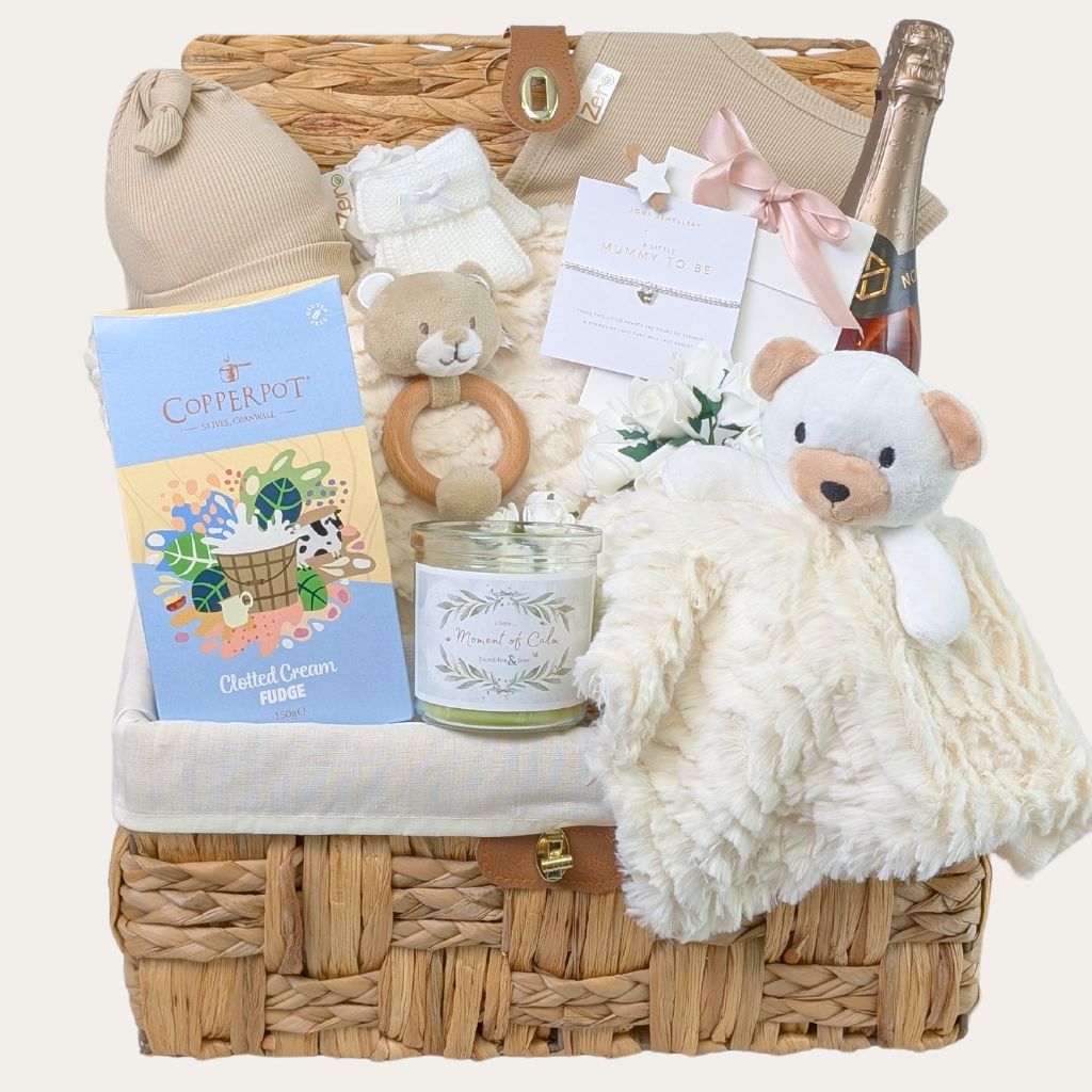 Luxury Mum to be Gifts Hamper with presents, toys and gifts for Mum and Baby in neutral and calming tones.