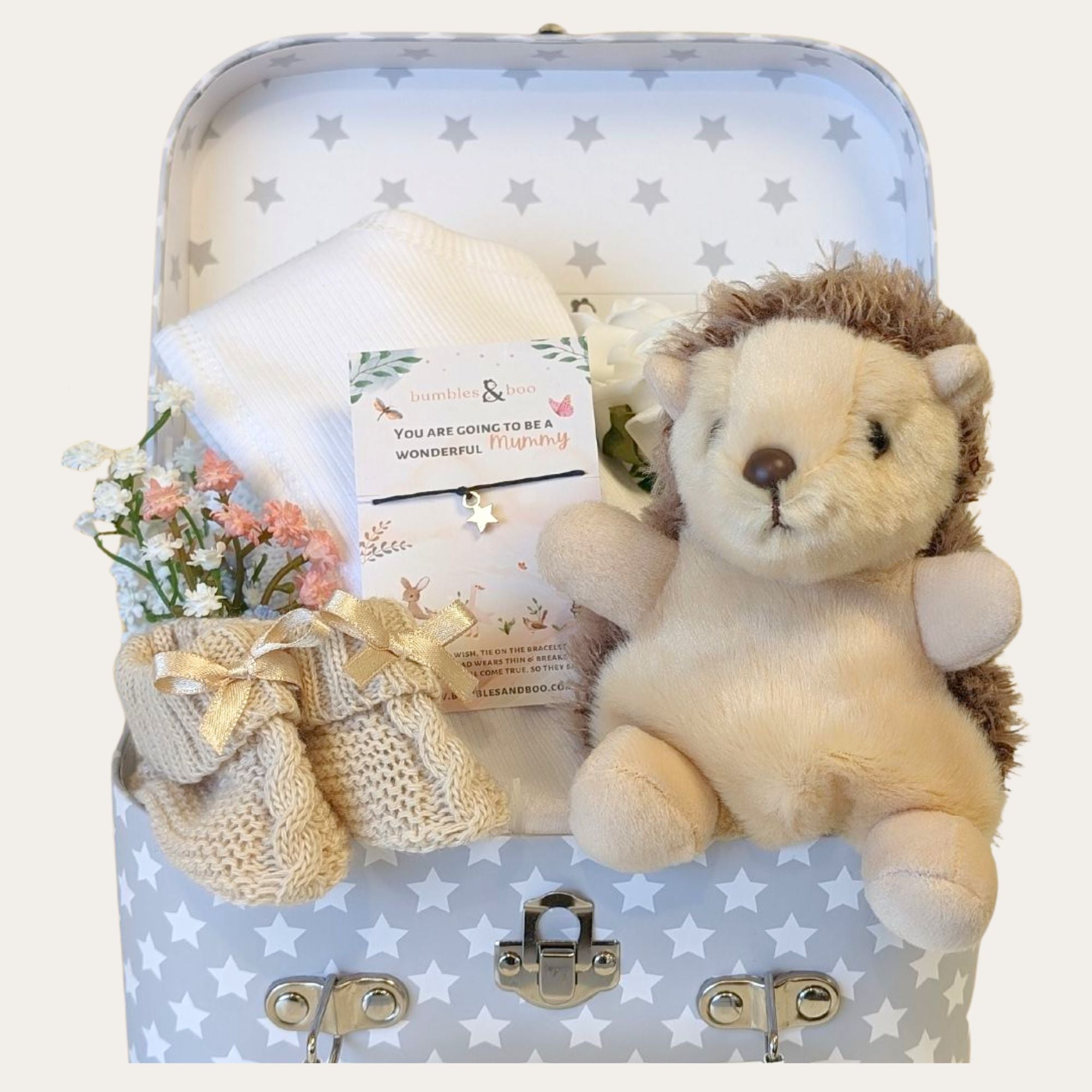 Mum to be gifts hamper packed with hedgehog toy and pregnancy presents by Bumbles and Boo.