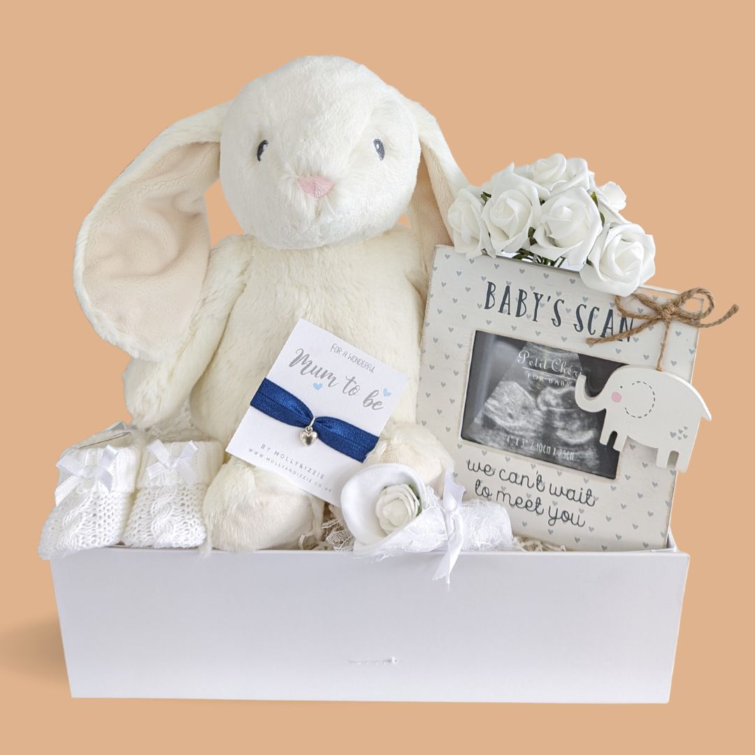 Stunning mum to be hamper. With Baby scan frame, wish bracelet for mum, large white rabbit, knit booties, baby mittens.