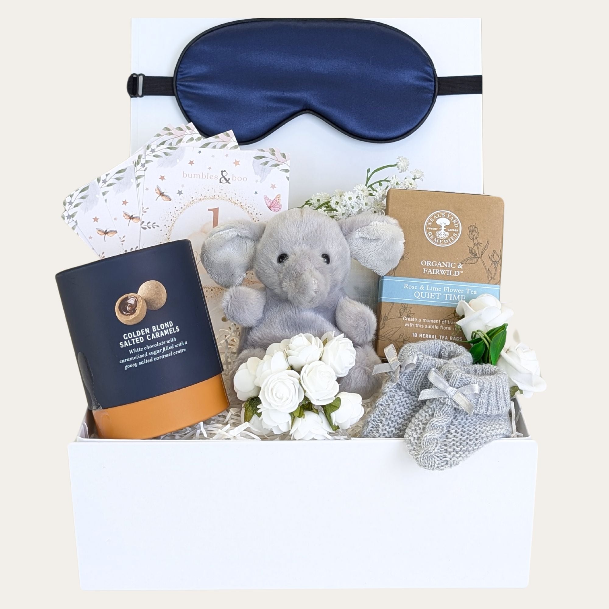 Expectant mum to be hamper treat box with eye mask, chocolates, tea and baby bits