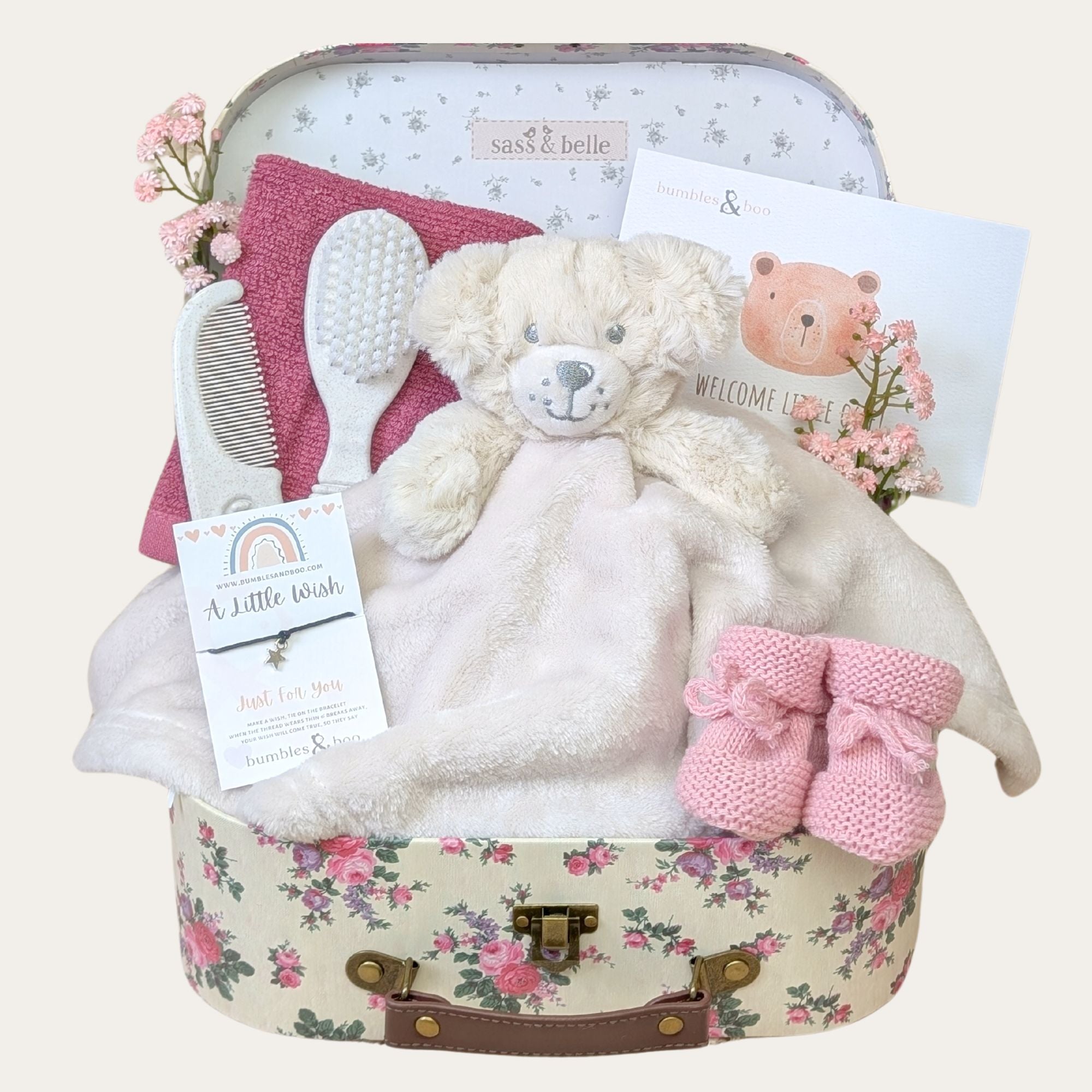 Mum to be gifts in a vintage hamper packed with presents including a Little Wishes bracelet for mummy by Bumbles and boo.