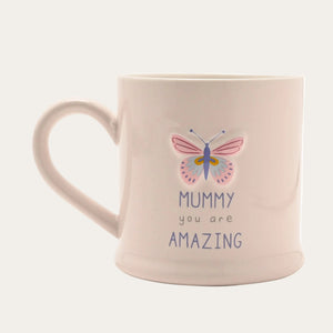 Embossed stoneware mug with butterfly design and wording 'Mummy you are amazing'