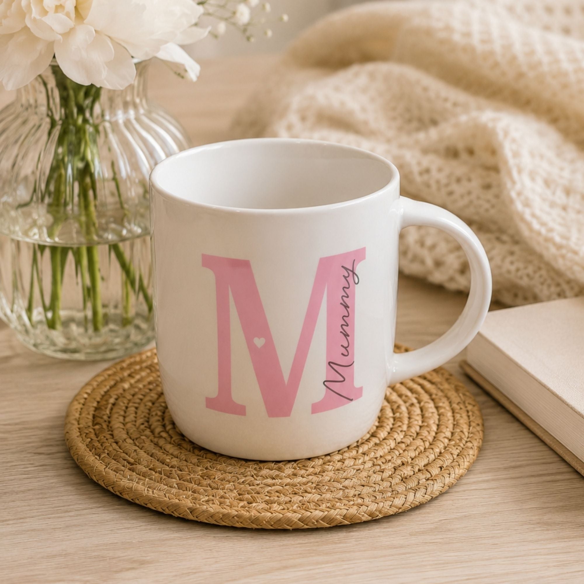 White mug with pink letter 'M' and word 'Mummy'