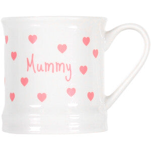 A white tankard mug with the word 'mummy' written in pink with pink hearts